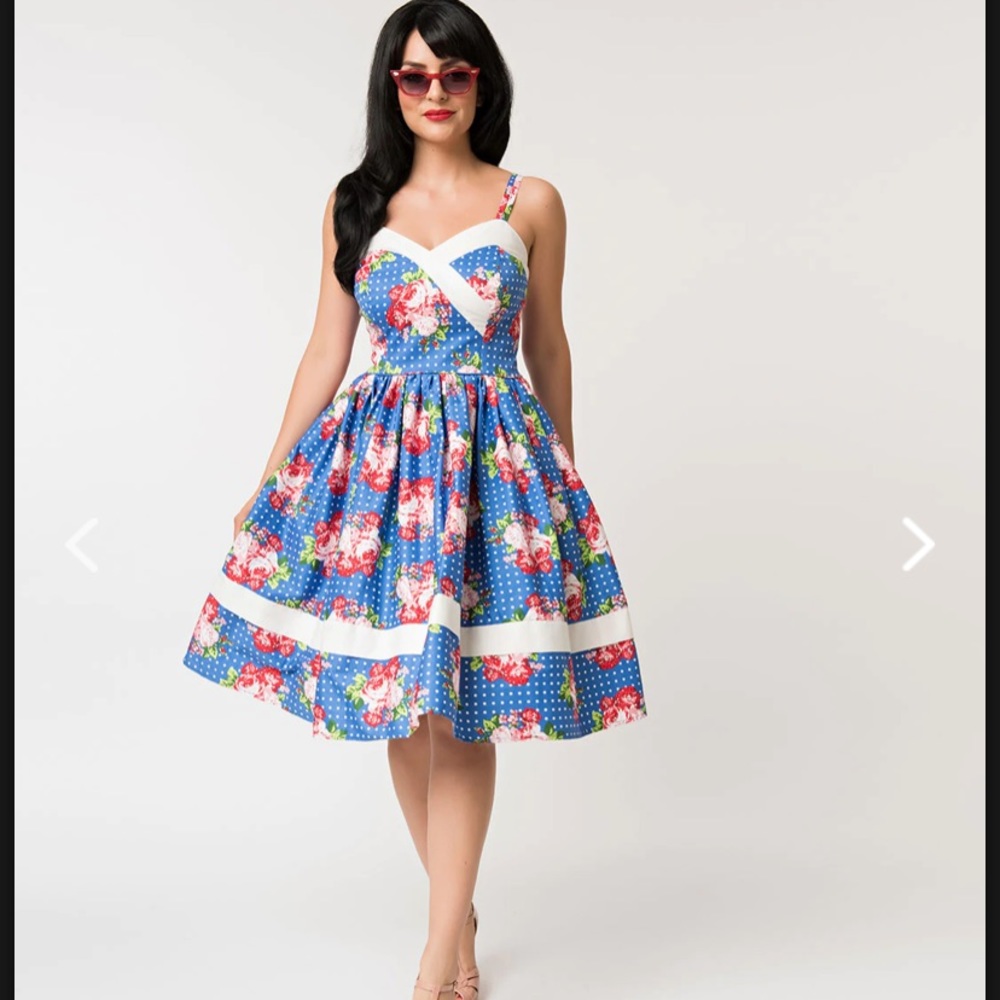 Unique Vintage Blue and White Floral Midi Dress